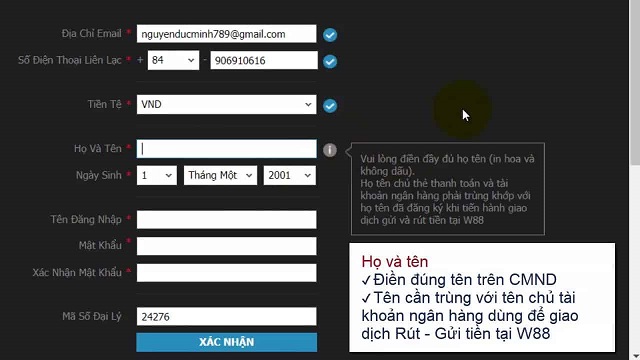 Trong cách tạo tài khoản cá độ bóng đá, người chơi cần điền đúng thông tin cá nhân cơ bản